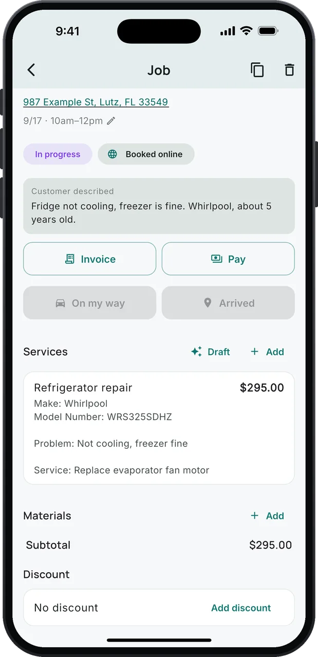 A job booked online in the app: the address and the 10am–12pm window, In progress and Booked online tags, the customer's description, fridge not cooling, freezer is fine, Whirlpool, about 5 years old, and a refrigerator repair in the Services list.