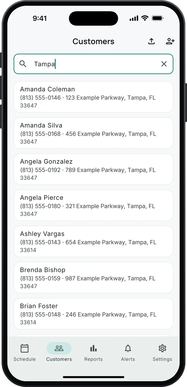 The Customers screen on an iPhone, searched for Tampa: a list of customers, each with a phone number and street address.