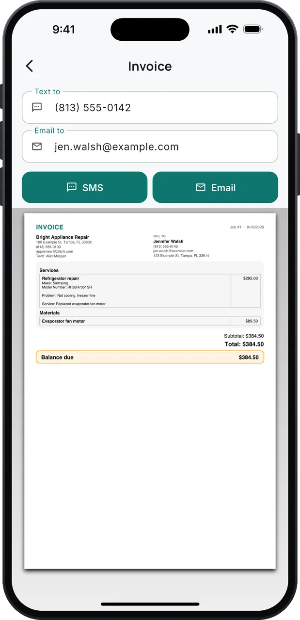 An invoice ready to send: the customer's phone number under Text to, their email under Email to, SMS and Email buttons, and the invoice below with a refrigerator repair, an evaporator fan motor and a balance due of $384.50.