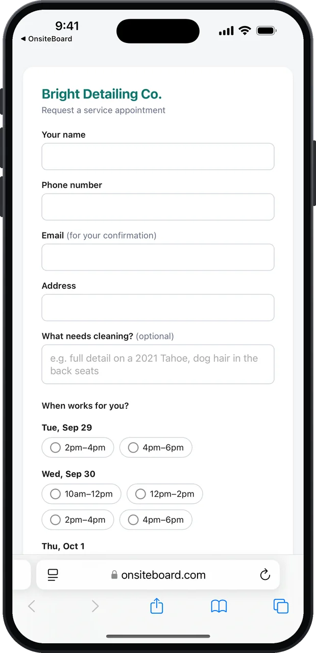 The customer's booking page for Bright Detailing Co. in Safari: fields for name, phone, email and address, "What needs cleaning?" with the example "full detail on a 2021 3-row SUV, dog hair in the back seats", and open arrival windows for the next days.