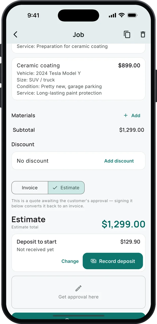The job as an estimate: Ceramic coating, $899.00, on a 2024 Tesla Model Y, on top of a paint correction, an estimate total of $1,299.00 and a Deposit to start card, $129.90, not received yet, with Change and Record deposit buttons.
