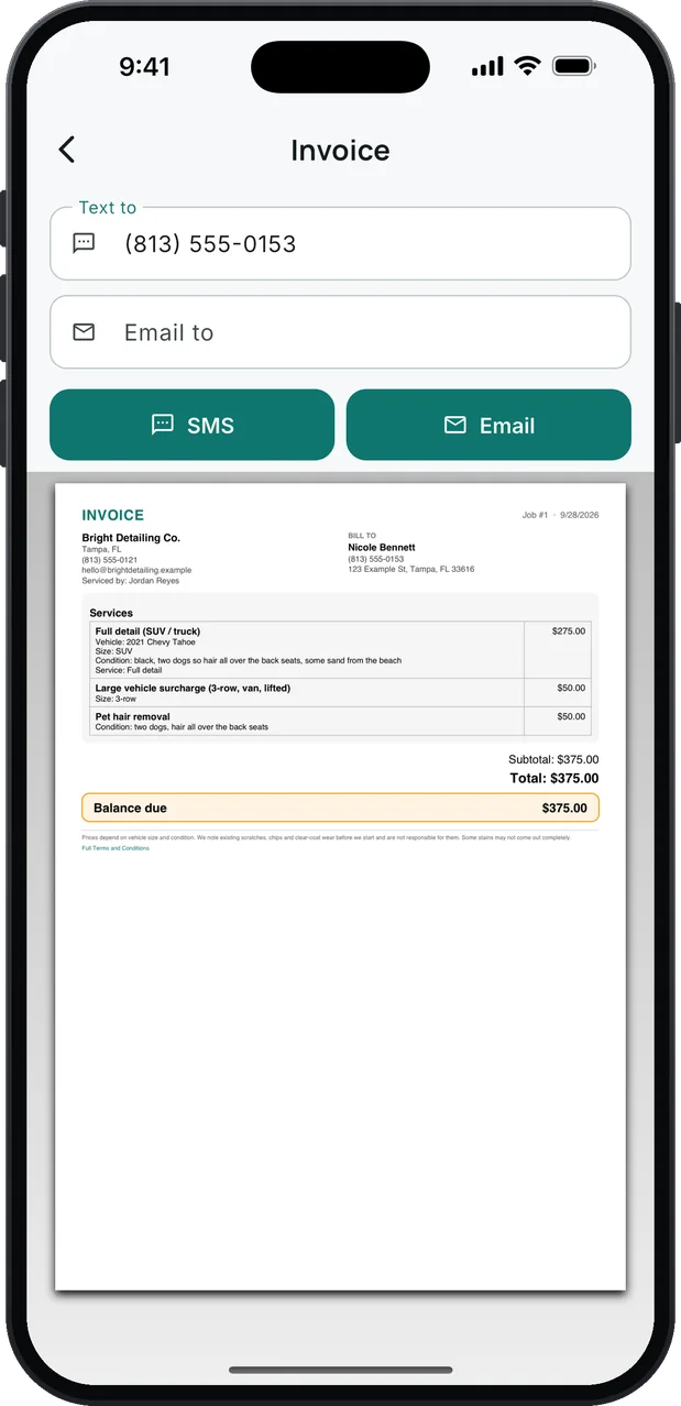 An invoice ready to send by SMS or email: Full detail (SUV / truck) $275.00 with its Vehicle, Size, Condition and Service lines, the large vehicle surcharge and pet hair removal; total and balance due $375.00, and the business's note about existing scratches and stains at the bottom.
