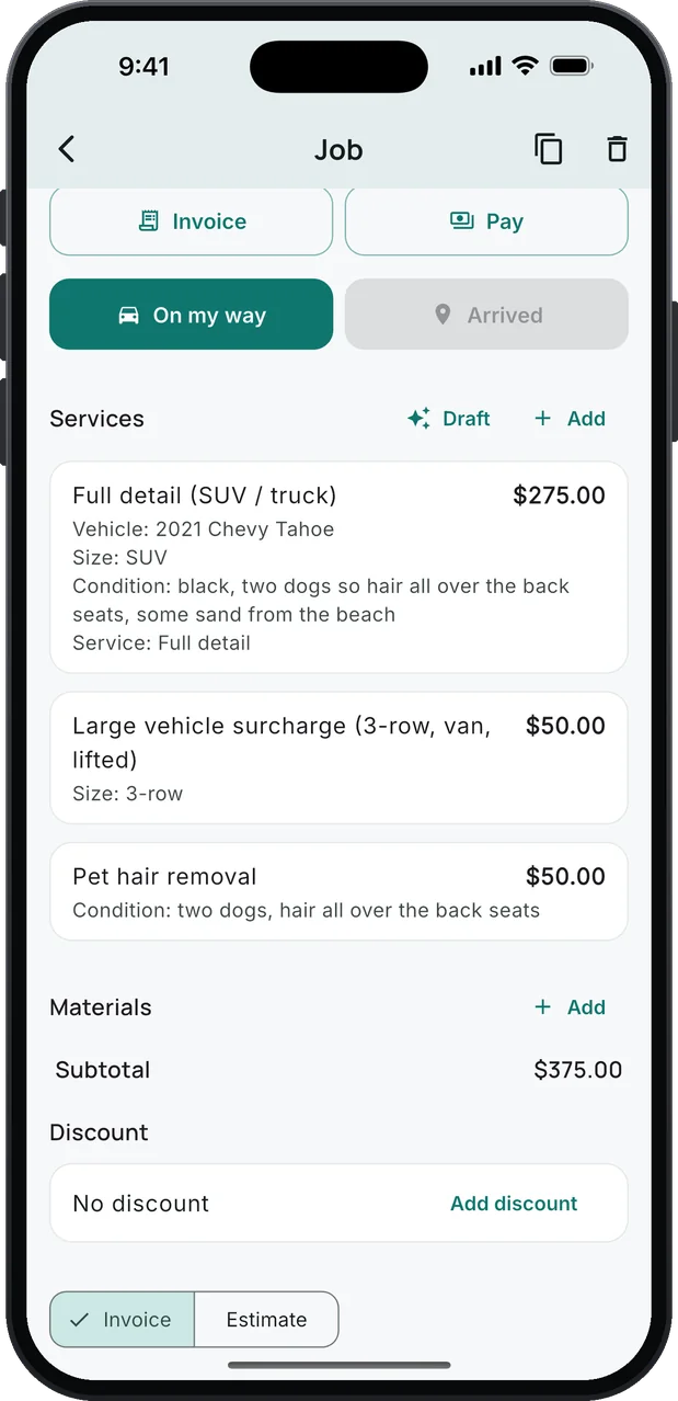 A job's services: Full detail (SUV / truck), $275.00, with Vehicle: 2021 3-row SUV, Size: SUV and the condition, two dogs and sand from the beach; Large vehicle surcharge (3-row, van, lifted), $50.00; Pet hair removal, $50.00; a subtotal of $375.00.
