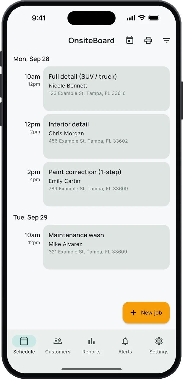 OnsiteBoard's Schedule screen on an iPhone: detailing jobs in arrival windows, a full detail on an SUV, an interior detail, a one-step paint correction and a maintenance wash the next morning, with an amber New job button.