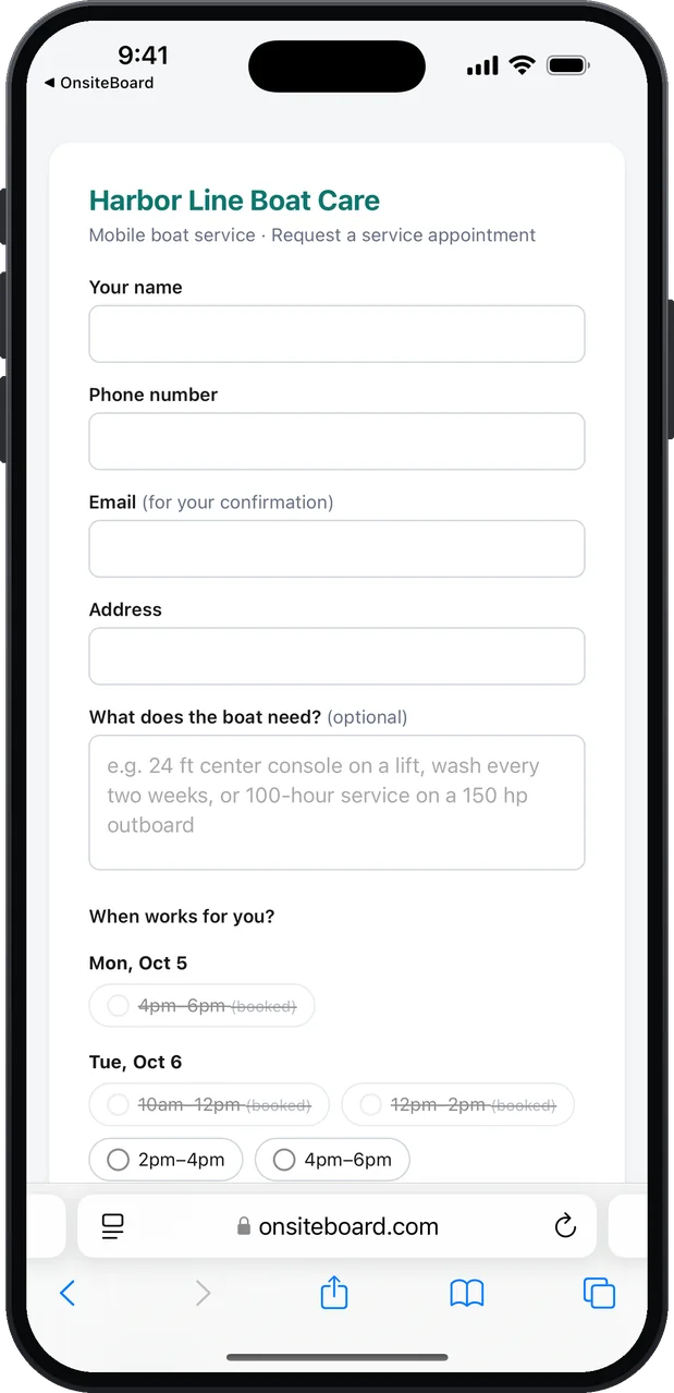 The customer's booking page for the demo business Harbor Line Boat Care in a phone browser: fields for name, phone, email and address, a "What does the boat need?" box with the example "24 ft center console on a lift, wash every two weeks, or 100-hour service on a 150 hp outboard", and arrival windows for the next days, some of them booked and crossed out.