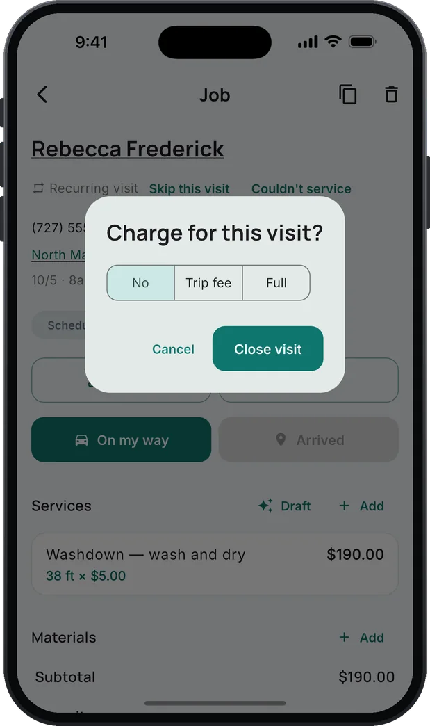 The next question on the same recurring visit: "Charge for this visit?" with No, Trip fee and Full, and Cancel and Close visit buttons.
