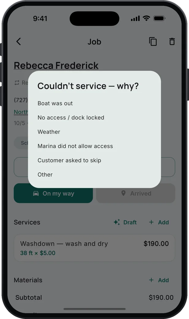 A washdown visit with the question "Couldn't service — why?" and the reasons: Boat was out, No access / dock locked, Weather, Marina did not allow access, Customer asked to skip, Other.