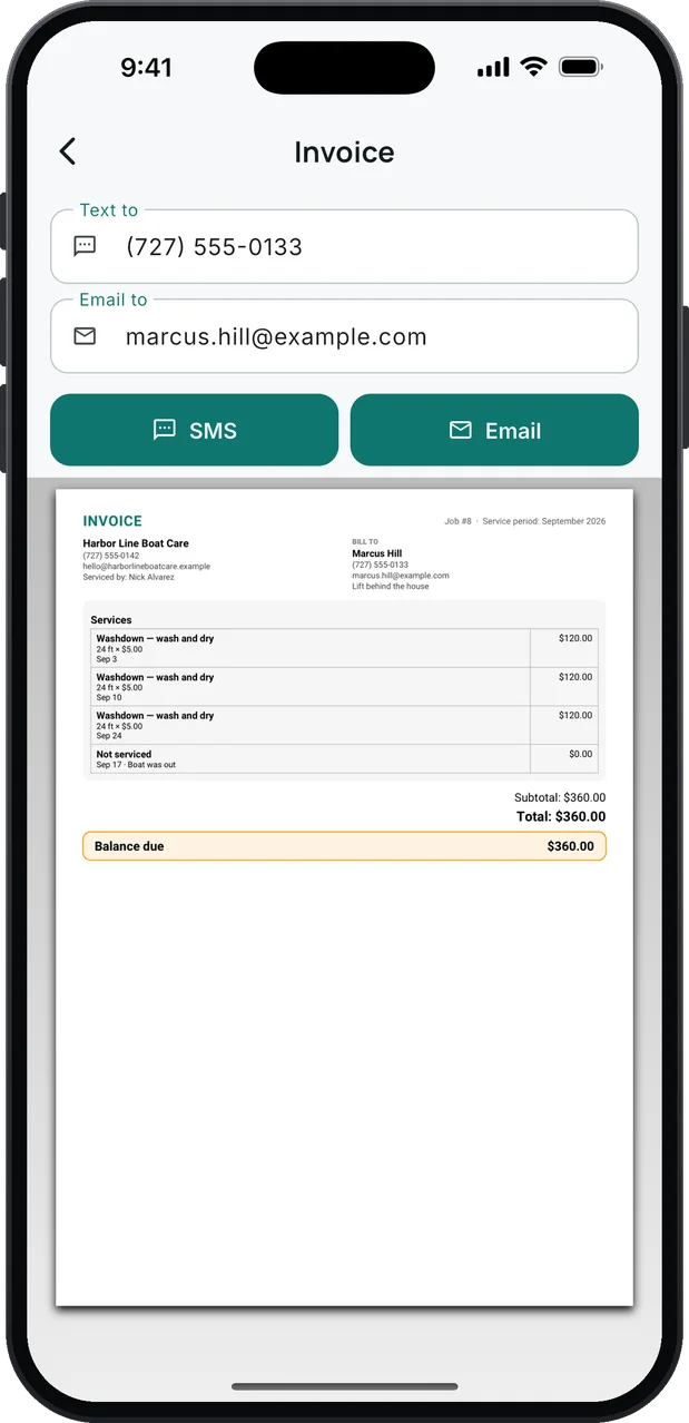 The same month as an invoice ready to send by SMS or email, from the demo business Harbor Line Boat Care, Service period: September 2026: three Washdown — wash and dry lines, 24 ft × $5.00, $120.00 each, dated Sep 3, Sep 10 and Sep 24, a Not serviced line, Sep 17 · Boat was out, $0.00, and a balance due of $360.00.