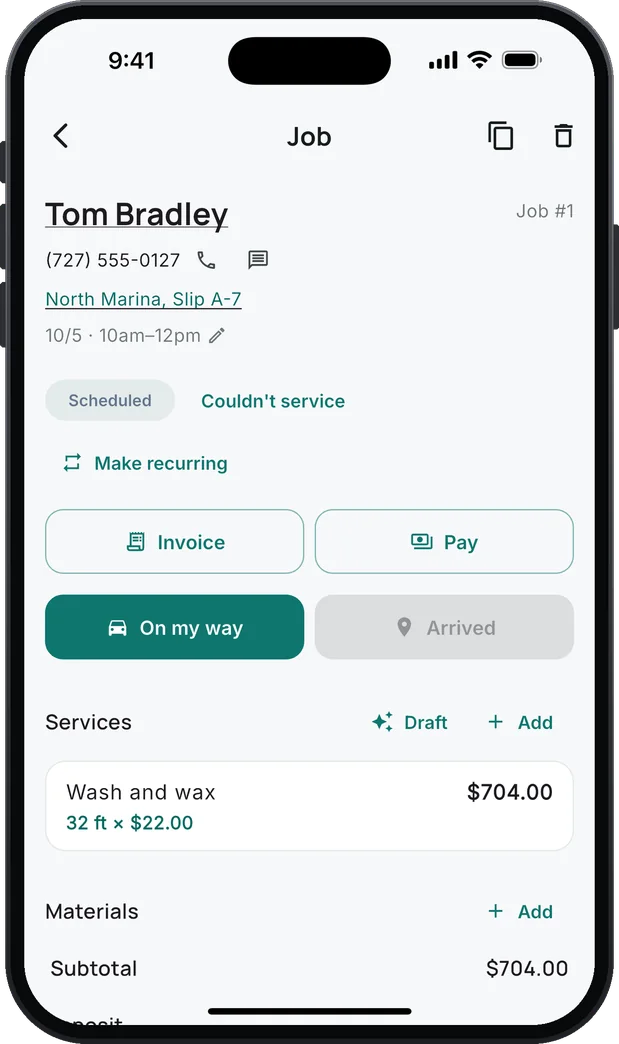 A job for a demo customer at a marina slip, scheduled 10am–12pm, with one service: Wash and wax, 32 ft × $22.00, $704.00, and a subtotal of $704.00.