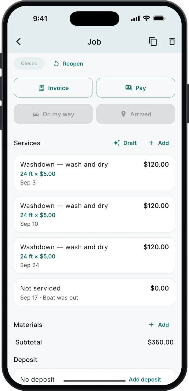 The month's services for one demo customer: Washdown — wash and dry, 24 ft × $5.00, $120.00, three times, dated Sep 3, Sep 10 and Sep 24; a Not serviced line, Sep 17 · Boat was out, $0.00; subtotal $360.00.