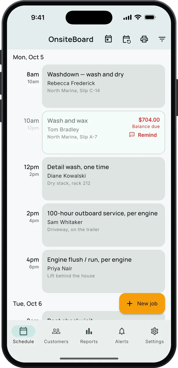 OnsiteBoard's Schedule screen on an iPhone: a day of boat service jobs in arrival windows, a washdown at a marina slip, a wash and wax with a $704.00 balance due and a Remind button, a one-time detail wash at a dry stack rack, a 100-hour outboard service on a trailer in a driveway and an engine flush on a lift, with an amber New job button.