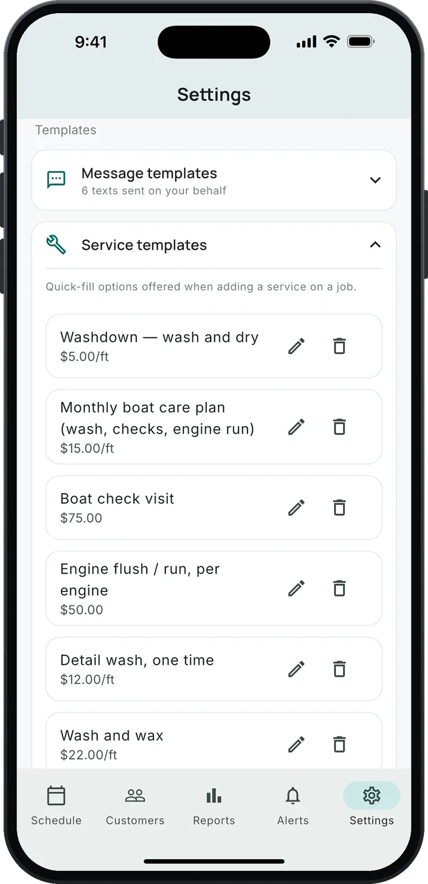Service templates in Settings: the boat service list with starting prices. Washdown — wash and dry $5.00/ft, Monthly boat care plan (wash, checks, engine run) $15.00/ft, Boat check visit $75.00, Engine flush / run, per engine $50.00, Detail wash, one time $12.00/ft, Wash and wax $22.00/ft, and more below.