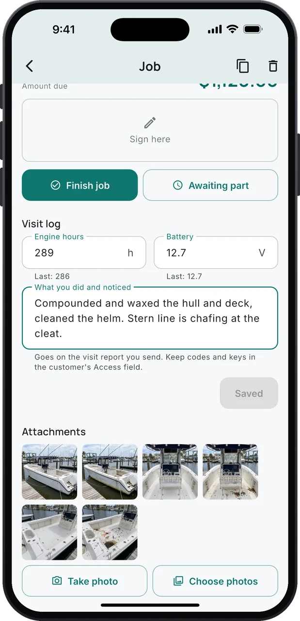 A job's visit log: Engine hours 289 h with "Last: 286" under the field; Battery 12.7 V with "Last: 12.7" under it; a note, "Compounded and waxed the hull and deck, cleaned the helm. Stern line is chafing at the cleat."; the line "Goes on the visit report you send. Keep codes and keys in the customer's Access field."; and six attached photos of a boat at a dock. Sample photos in a demo account.