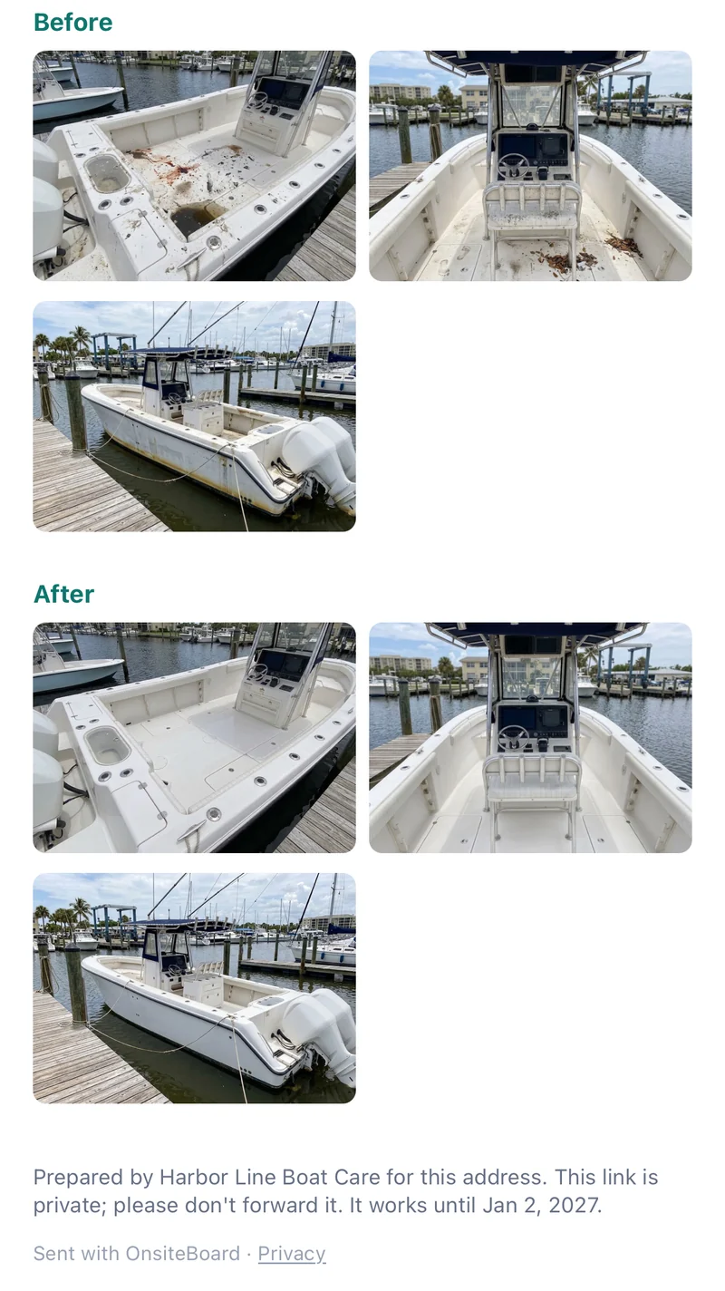 Further down the same report: three Before photos and three After photos of a center console boat at a dock, and the footer "Prepared by Harbor Line Boat Care for this address. This link is private; please don't forward it." with the date the link stops working.