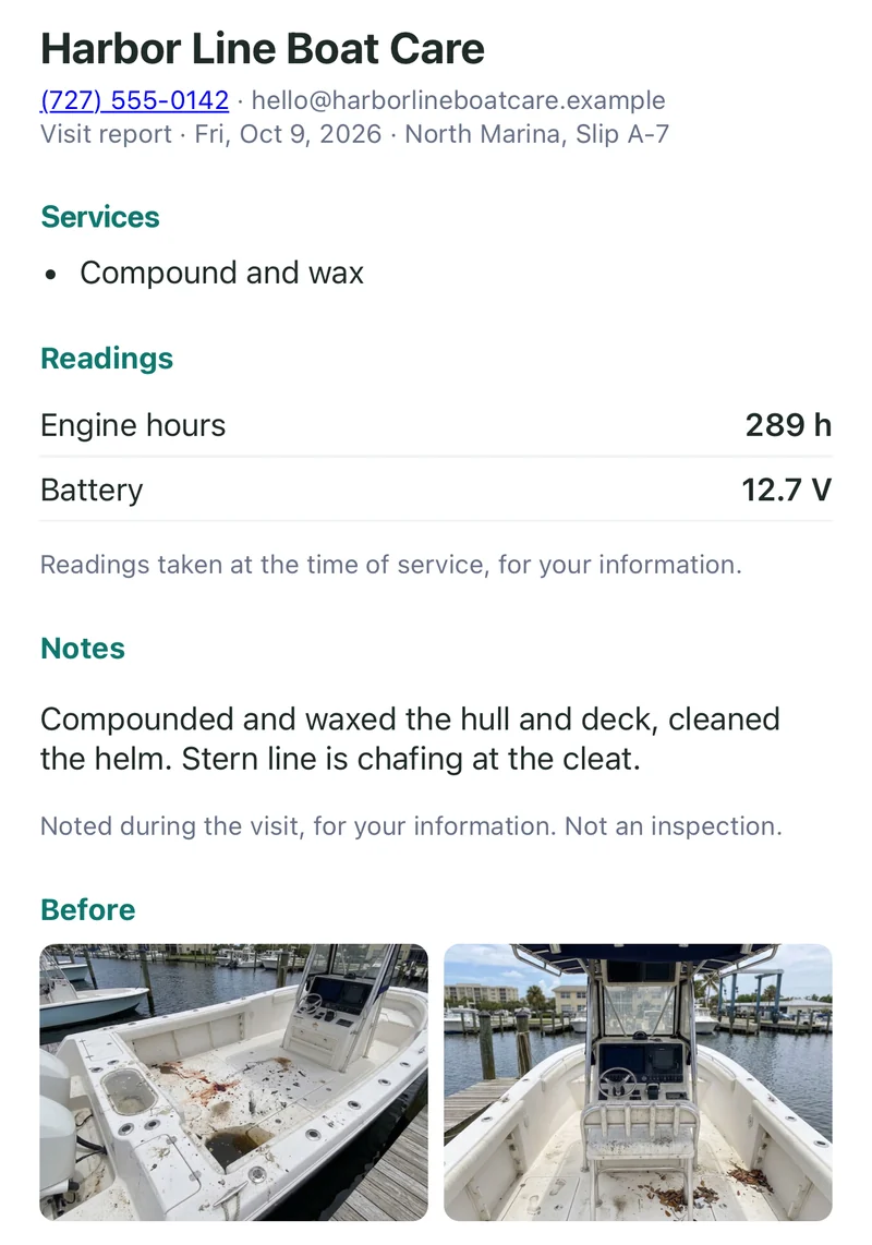 The visit report as the customer sees it, from the demo business Harbor Line Boat Care: the visit's date and the slip; the service on the job, Compound and wax; Readings: Engine hours 289 h, Battery 12.7 V, and the line "Readings taken at the time of service, for your information."; the note, "Compounded and waxed the hull and deck, cleaned the helm. Stern line is chafing at the cleat.", and under it "Noted during the visit, for your information. Not an inspection."; and the first Before photos.