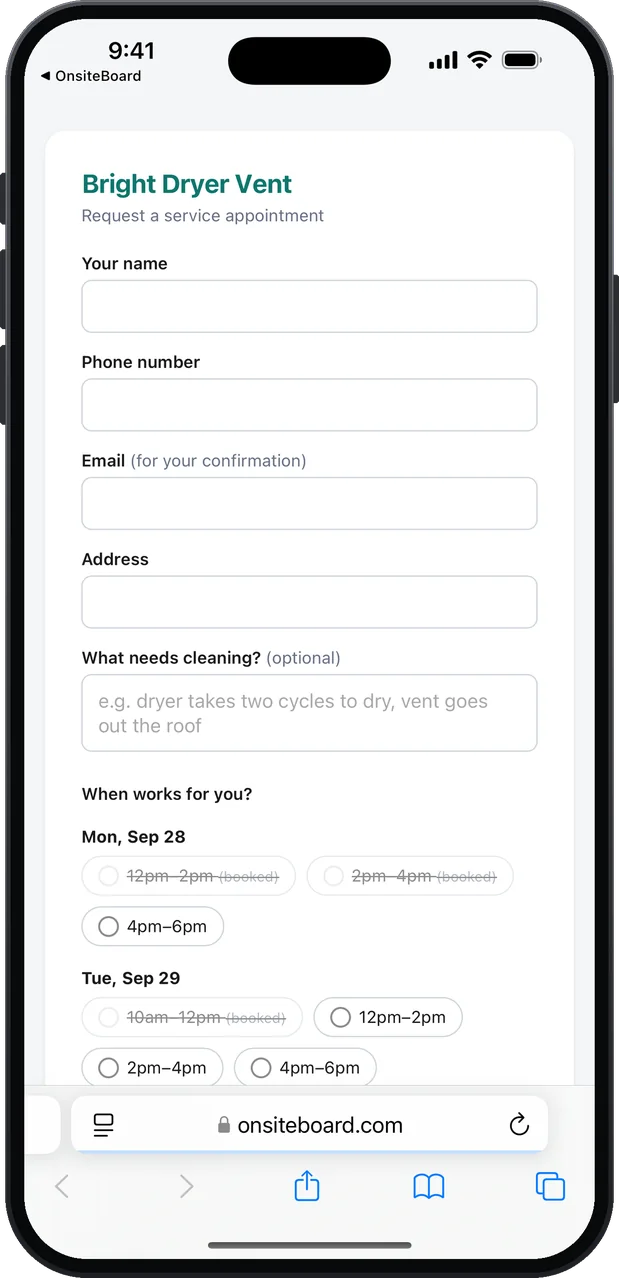 The customer's booking page for Bright Dryer Vent in Safari: fields for name, phone, email and address, "What needs cleaning?" with the example "dryer takes two cycles to dry, vent goes out the roof", and arrival windows for the next days, the booked ones crossed out.