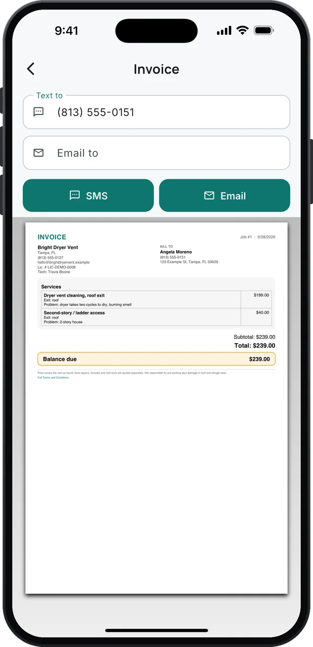 An invoice ready to send by SMS or email, with Lic. # in the header: Dryer vent cleaning, roof exit, $199.00, and Second-story / ladder access, $40.00, each with its Exit and Problem lines; total and balance due $239.00, and the business's terms at the bottom.