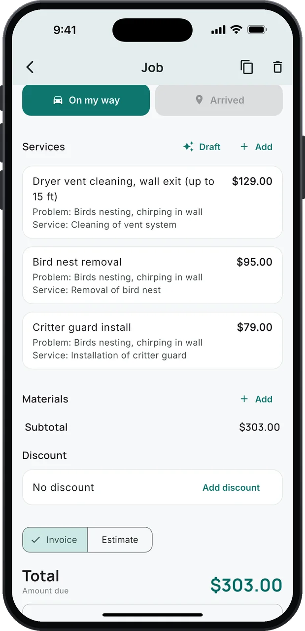 A job's services: Dryer vent cleaning, wall exit (up to 15 ft), $129.00, Bird nest removal, $95.00, and Critter guard install, $79.00, each with Problem: Birds nesting, chirping in wall; a total of $303.00.