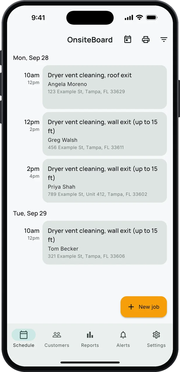 OnsiteBoard's Schedule screen on an iPhone: dryer vent jobs in arrival windows, a roof exit cleaning and three wall-exit cleanings up to 15 ft, with an amber New job button.