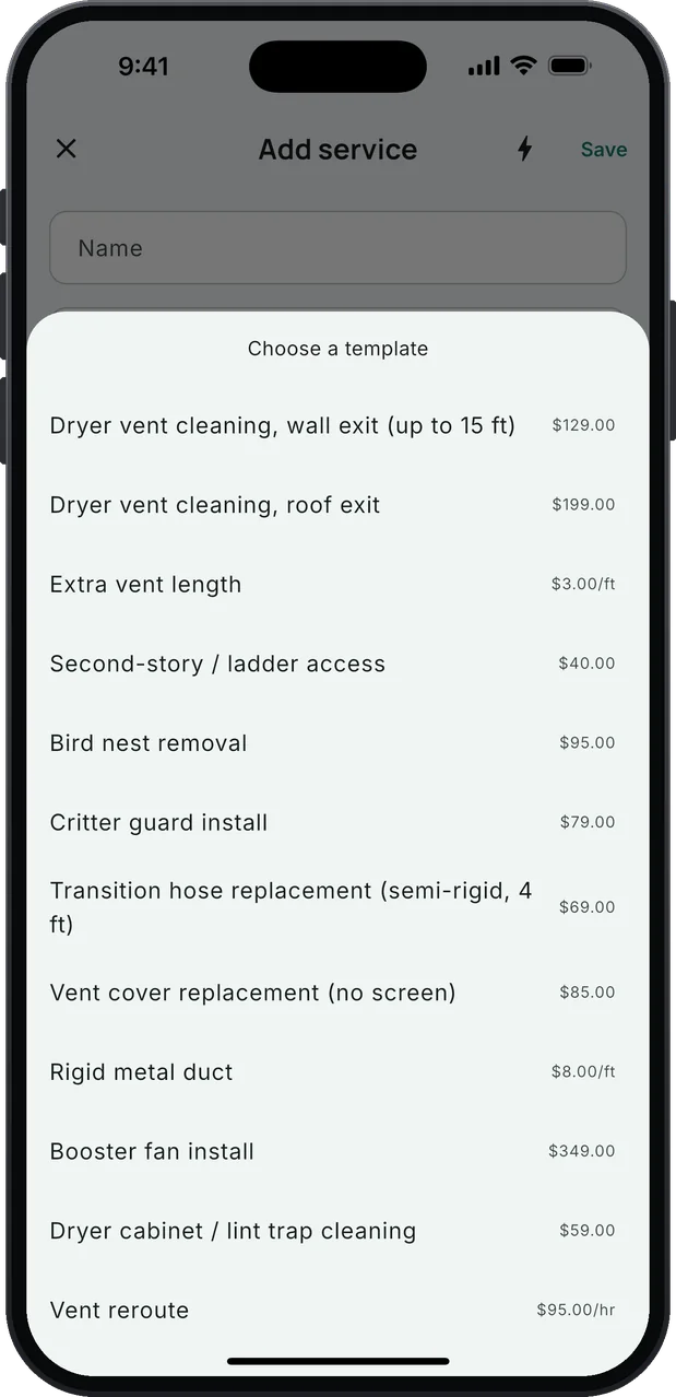 Choose a template: the dryer vent service list with starting prices, from Dryer vent cleaning, wall exit (up to 15 ft) $129.00 and roof exit $199.00 to extra vent length per foot, bird nest removal and transition hose.