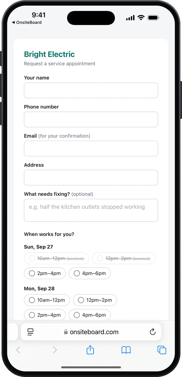 The customer's booking page in Safari: fields for name, phone, email, address and what needs fixing, with the example "half the kitchen outlets stopped working", and open arrival windows for the next days, two already booked and crossed out.