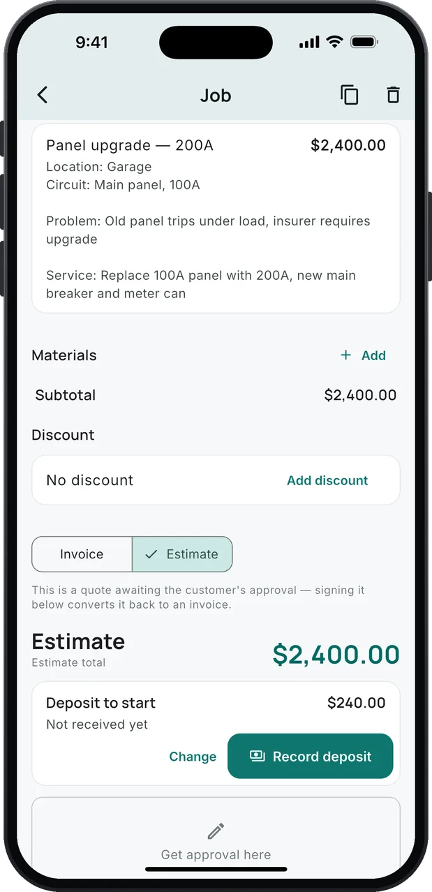 The job as an estimate with a Panel upgrade — 200A line at $2,400.00, its Location and Circuit below it, and a Deposit to start card: $240.00, not received yet, with Change and Record deposit buttons.