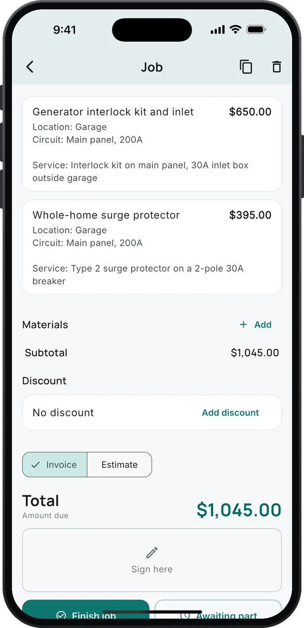A job's services: Generator interlock kit and inlet, $650.00, and Whole-home surge protector, $395.00, each with Location: Garage and a Circuit line naming the main panel below it, and a total of $1,045.00.