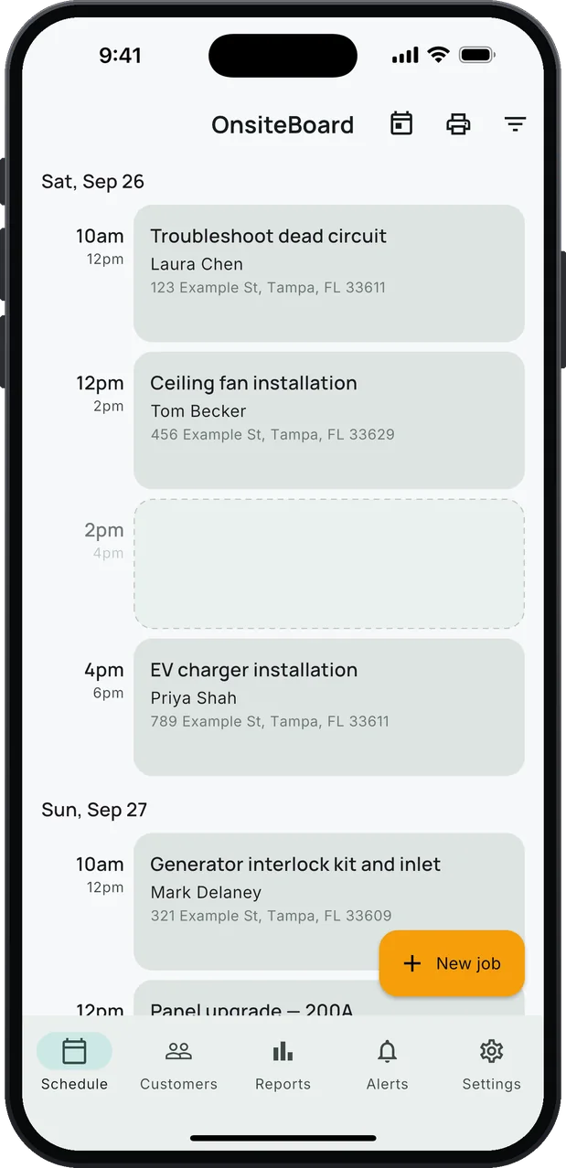 OnsiteBoard's Schedule screen on an iPhone: electrical calls in arrival windows, a dead circuit to troubleshoot, a ceiling fan installation and an EV charger installation on Saturday with the 2pm–4pm window open, then a generator interlock kit and a 200A panel upgrade on Sunday, and an amber New job button.