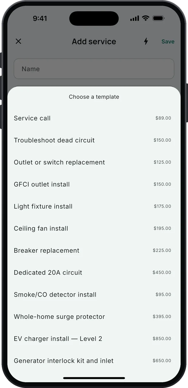 Choose a template: the electrical service list with starting prices. Service call $89, Troubleshoot dead circuit $150, Outlet or switch replacement $125, GFCI outlet install $150, Light fixture install $175, Ceiling fan install $195, Breaker replacement $225, Dedicated 20A circuit $450, and more below.