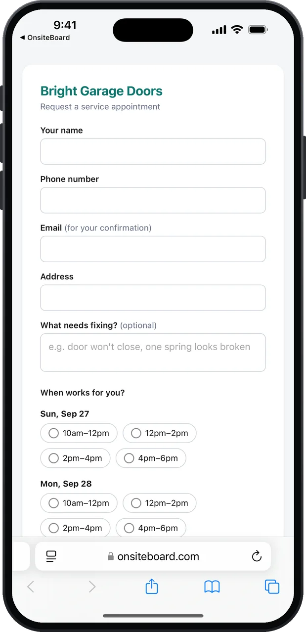 The customer's booking page in Safari: fields for name, phone, email, address and what needs fixing, with the example "door won't close, one spring looks broken", and open arrival windows for the next days.