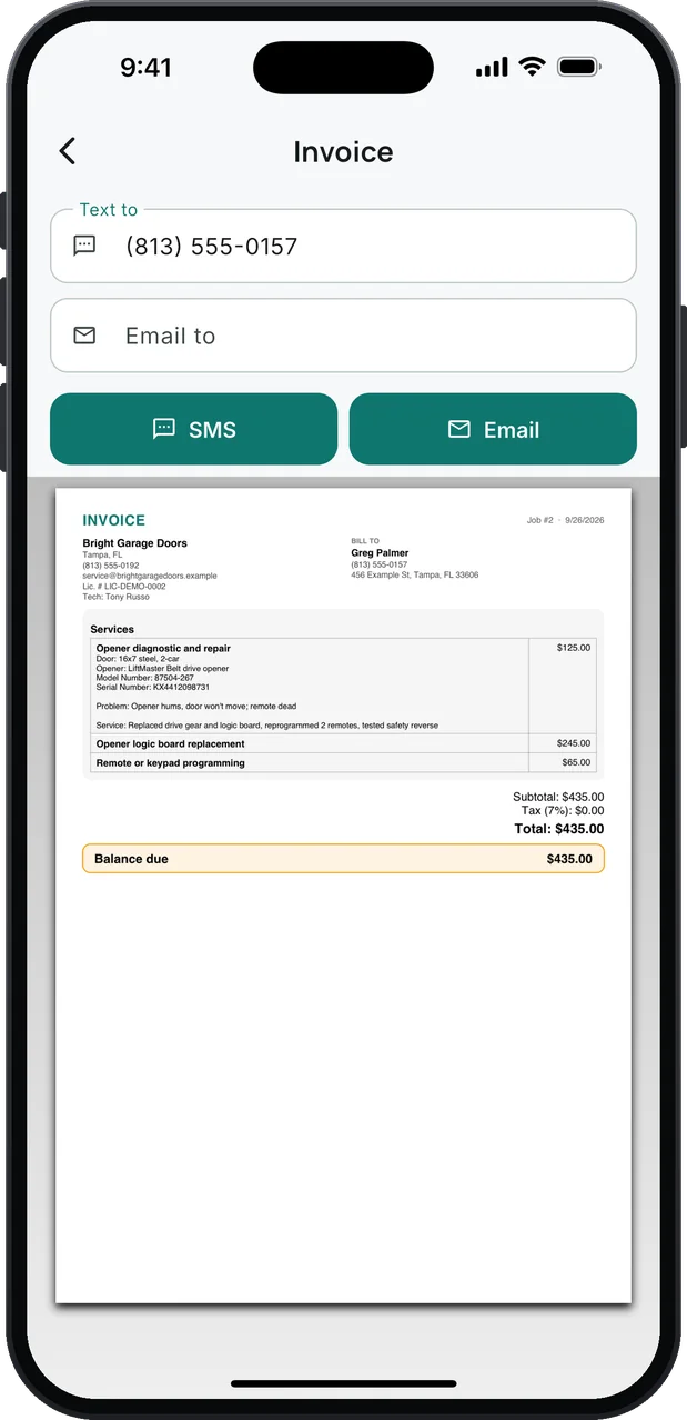 An invoice ready to send by SMS or email, with Lic. # in the header: Opener diagnostic and repair with the opener, model and serial lines, an opener logic board replacement and remote programming; total and balance due $435.00.