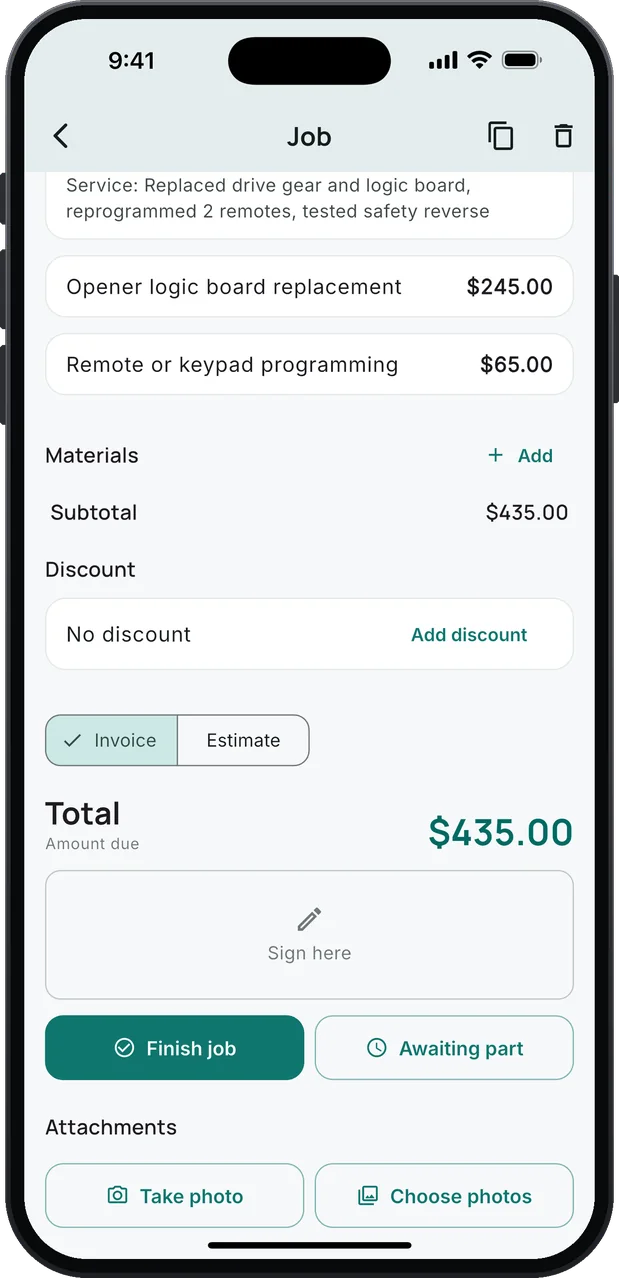 A finished garage door job: an opener logic board replacement at $245.00 and remote or keypad programming at $65.00, a subtotal and total of $435.00, with Sign here, Finish job and Awaiting part.