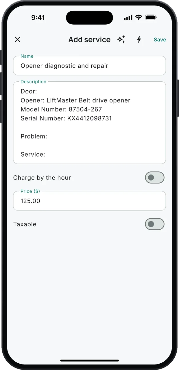 Add service after an opener label photo was read: Opener diagnostic and repair at $125.00, with Opener: Belt drive opener, Model Number: 87504-267 and a serial number filled in, and Door, Problem and Service left for the tech.