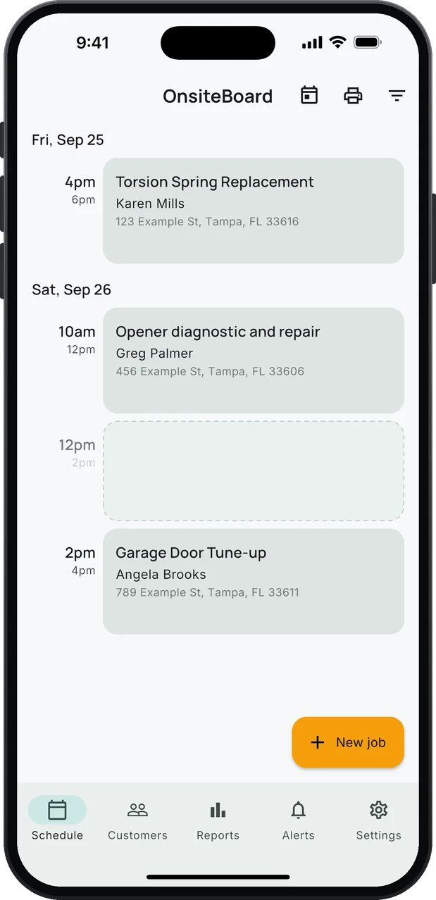 OnsiteBoard's Schedule screen on an iPhone: garage door calls in arrival windows, a torsion spring replacement, an opener diagnostic and repair and a garage door tune-up, with one window left open and an amber New job button.