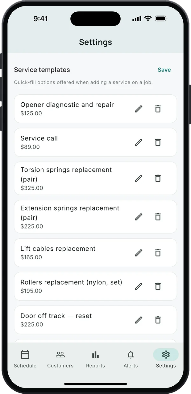 Service templates in Settings: Opener diagnostic and repair $125, Service call $89, Torsion springs replacement (pair) $325, Extension springs replacement (pair) $225, Lift cables $165, Rollers $195 and Door off track — reset $225.