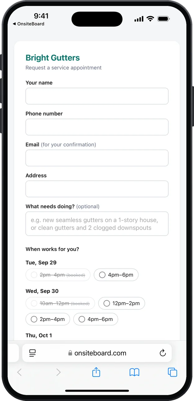 The customer's booking page for Bright Gutters in Safari: fields for name, phone, email and address, "What needs doing?" with the example "new seamless gutters on a 1-story house, or clean gutters and 2 clogged downspouts", and arrival windows for the next days, the booked ones crossed out.