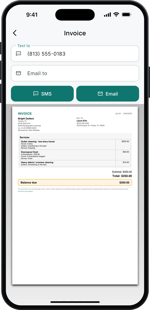 An invoice ready to send by SMS or email, with Lic. # in the header: Gutter cleaning — two-story house $225.00, Downspout flush, 2 downspouts × $25.00, and Heavy debris / overdue cleaning $75.00, with their House, Gutters and Found lines; total and balance due $350.00, and the business's terms at the bottom.
