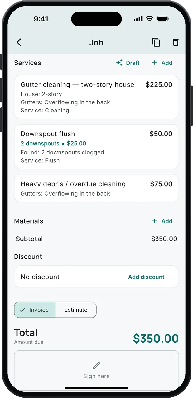 A job's services: Gutter cleaning — two-story house, $225.00, with House: 2-story and Gutters: Overflowing in the back; Downspout flush, 2 downspouts × $25.00, with Found: 2 downspouts clogged; Heavy debris / overdue cleaning, $75.00; a total of $350.00.