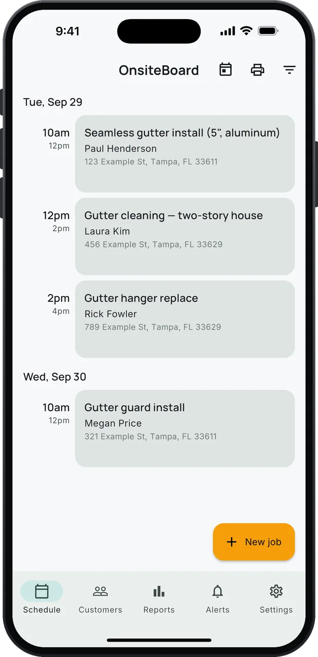 OnsiteBoard's Schedule screen on an iPhone: gutter jobs in arrival windows, a seamless gutter install, a two-story cleaning, a hanger replacement and a gutter guard install the next morning, with an amber New job button.