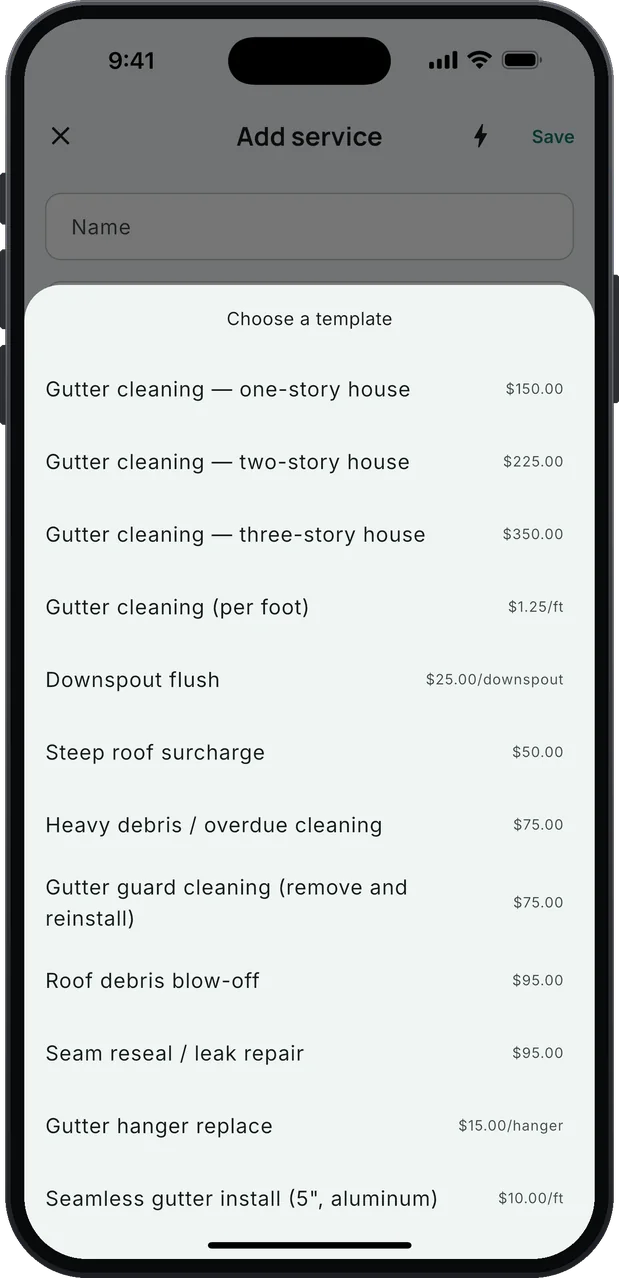 Choose a template: the gutter service list with starting prices, from Gutter cleaning — one-story house $150.00, two-story $225.00 and three-story $350.00 to downspout flush, steep roof, heavy debris, guard cleaning, roof blow-off, seam reseal, hanger replace and Seamless gutter install (5
