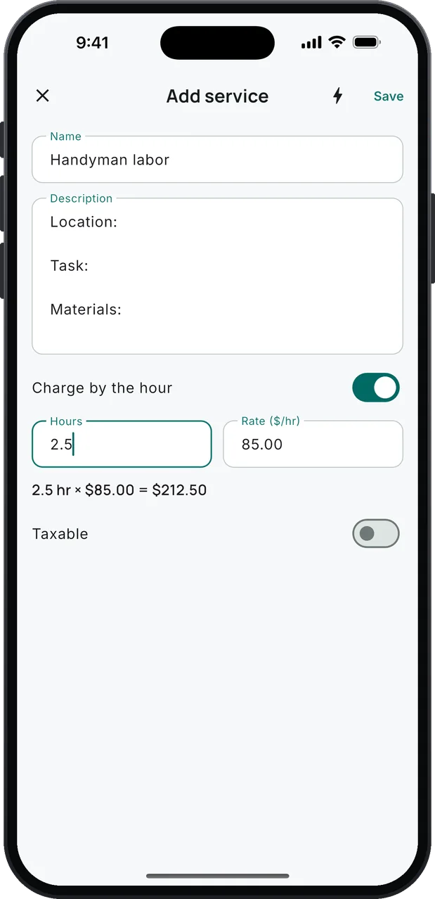 Add service: Handyman labor, with Location, Task and Materials in the description, Charge by the hour switched on, 2.5 hours at a rate of $85.00, and the line worked out as 2.5 hr × $85.00 = $212.50.