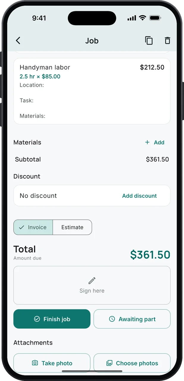 A job's services: Handyman labor at 2.5 hr × $85.00 for $212.50, with Location, Task and Materials below it; a subtotal of $361.50, no discount, the Invoice and Estimate switch, a total of $361.50 amount due, a Sign here box, and Finish job and Awaiting part buttons.