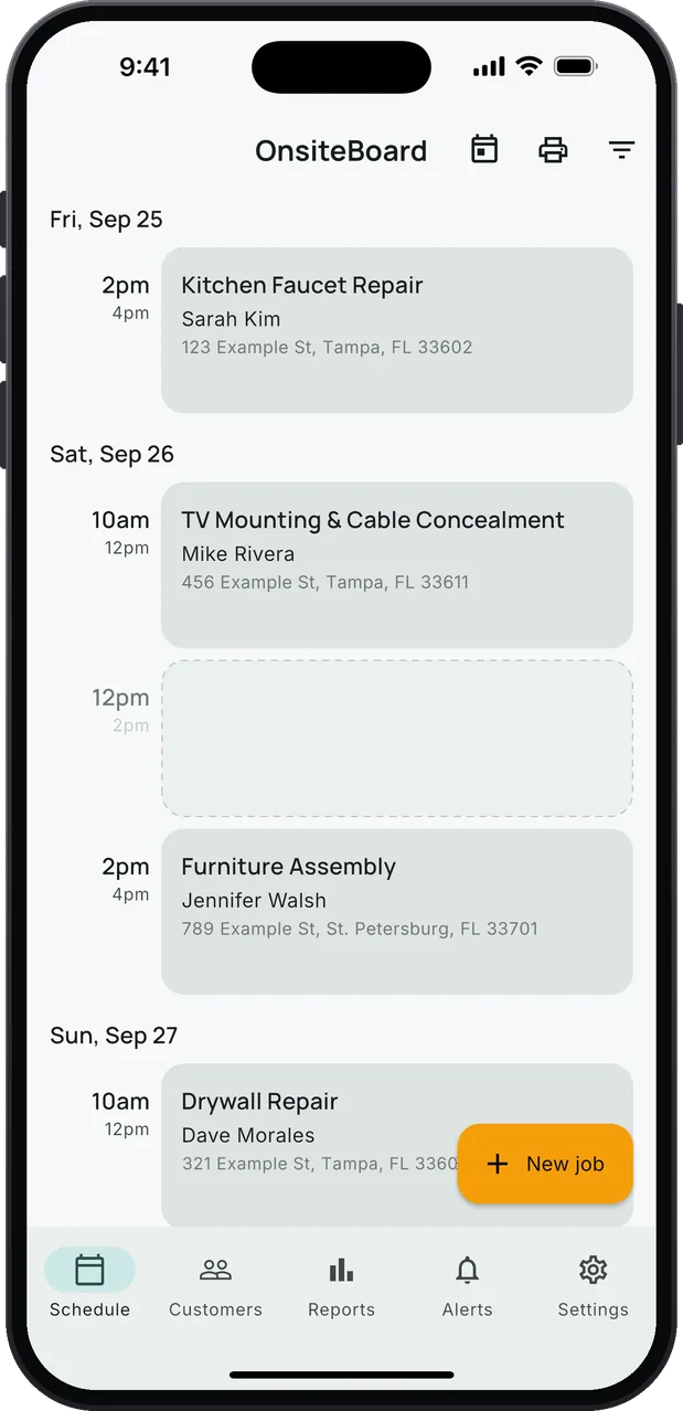 OnsiteBoard's Schedule screen on an iPhone: a kitchen faucet repair on Friday from 2pm to 4pm; TV mounting and cable concealment at 10am and furniture assembly at 2pm on Saturday, with the 12pm–2pm window left open; a drywall repair on Sunday morning; and an amber New job button.