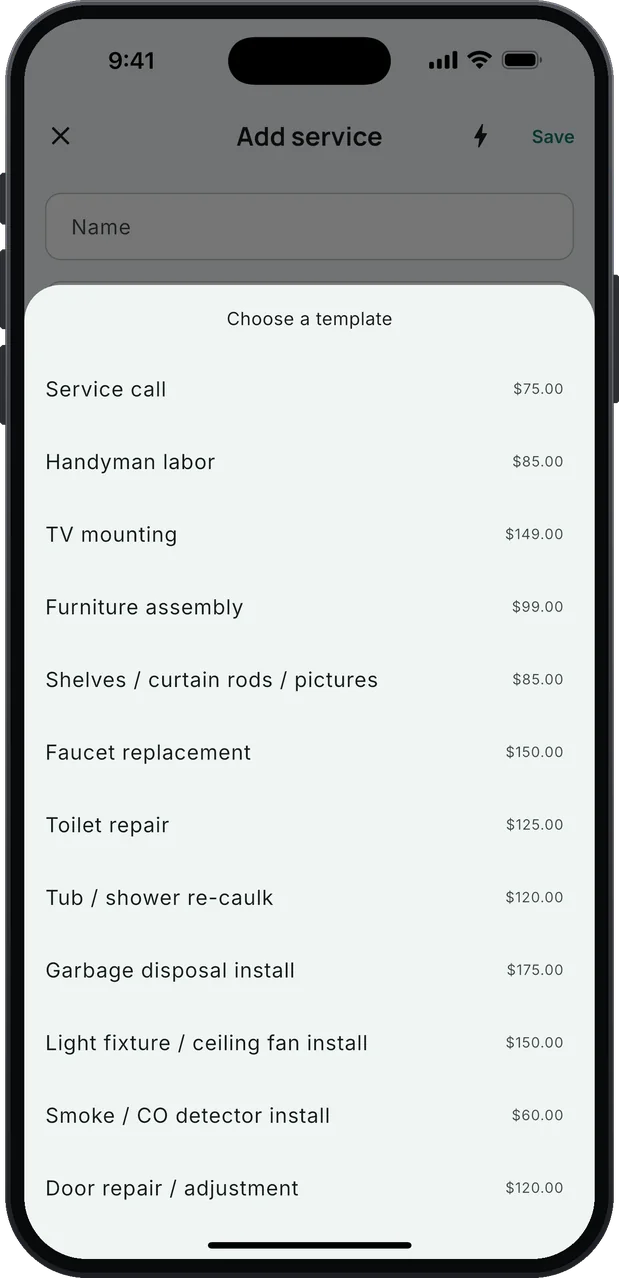 Choose a template: the handyman service list with starting prices. Service call $75, Handyman labor $85, TV mounting $149, Furniture assembly $99, Shelves / curtain rods / pictures $85, Tub / shower re-caulk $120, Smoke / CO detector install $60, Door repair / adjustment $120.