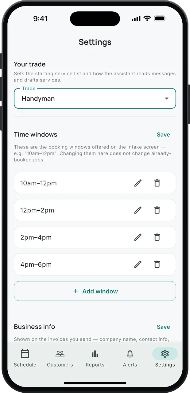 Settings on an iPhone: Your trade set to Handyman, then the time windows offered for booking, 10am–12pm, 12pm–2pm, 2pm–4pm and 4pm–6pm, each with edit and delete buttons, and an Add window button.