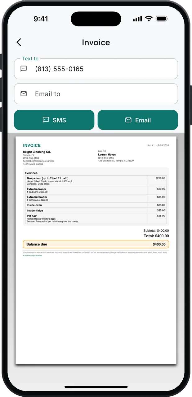An invoice ready to send by SMS or email: Deep clean (up to 2 bed / 1 bath) $250.00 with its Home and Condition lines, an extra bedroom, an extra bathroom, inside the oven, inside the fridge and pet hair; total and balance due $400.00, and the business's terms about late cancellations, damage and biohazards at the bottom.