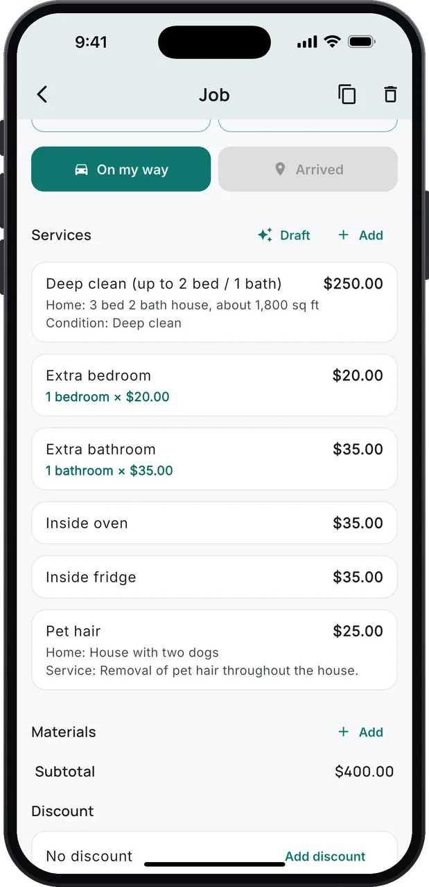 A job's services: Deep clean (up to 2 bed / 1 bath), $250.00, with Home: 3 bed 2 bath house, about 1,800 sq ft; Extra bedroom, 1 bedroom × $20.00; Extra bathroom, 1 bathroom × $35.00; Inside oven $35.00; Inside fridge $35.00; Pet hair $25.00, for a house with two dogs; a subtotal of $400.00.