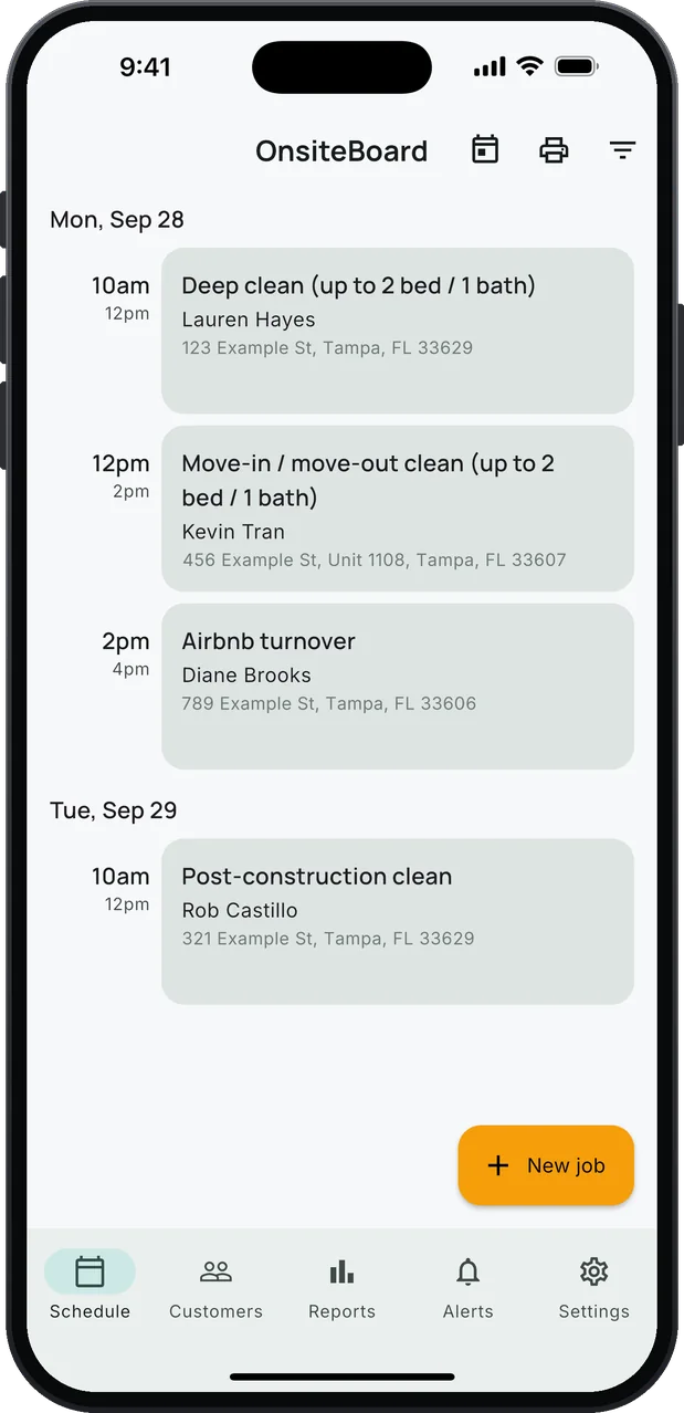 OnsiteBoard's Schedule screen on an iPhone: house cleaning jobs in arrival windows, a deep clean, a move-in / move-out clean, a short-term rental turnover and a post-construction clean the next morning, with an amber New job button.