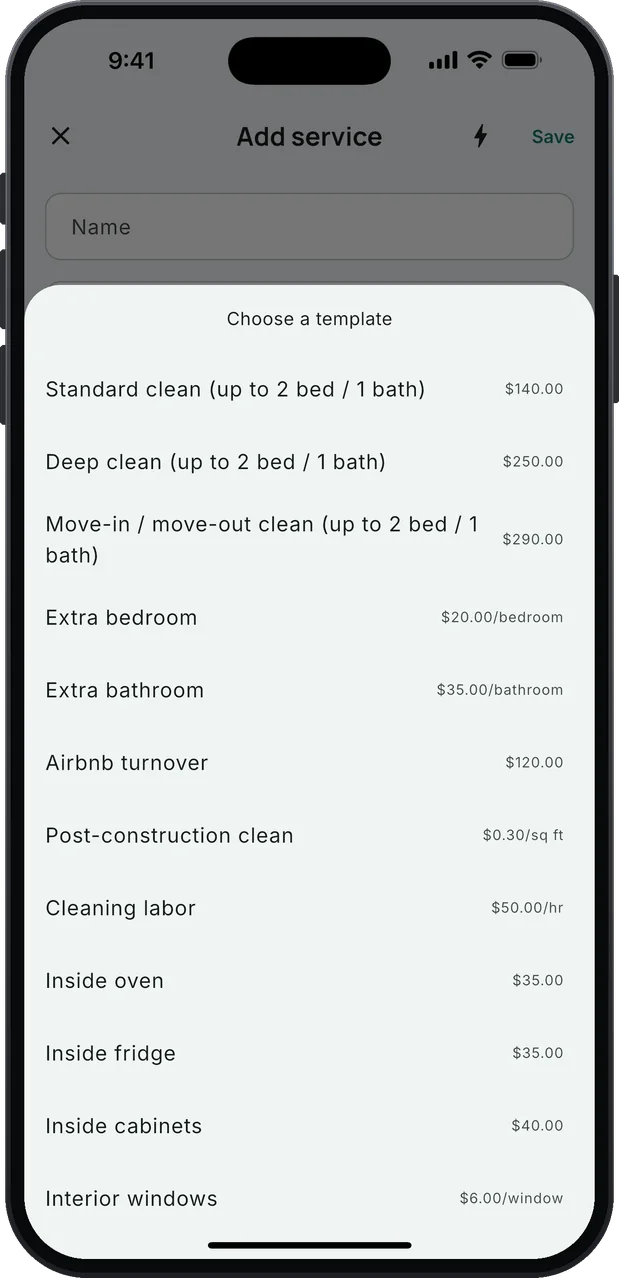 Choose a template: the house cleaning service list with starting prices. Standard clean (up to 2 bed / 1 bath) $140.00, Deep clean $250.00, Move-in / move-out clean $290.00, Extra bedroom $20.00/bedroom, Extra bathroom $35.00/bathroom, Short-term rental turnover $120.00, Post-construction clean $0.30/sq ft, Cleaning labor $50.00/hr, Inside oven $35.00, Inside fridge $35.00, Inside cabinets $40.00, Interior windows $6.00/window.