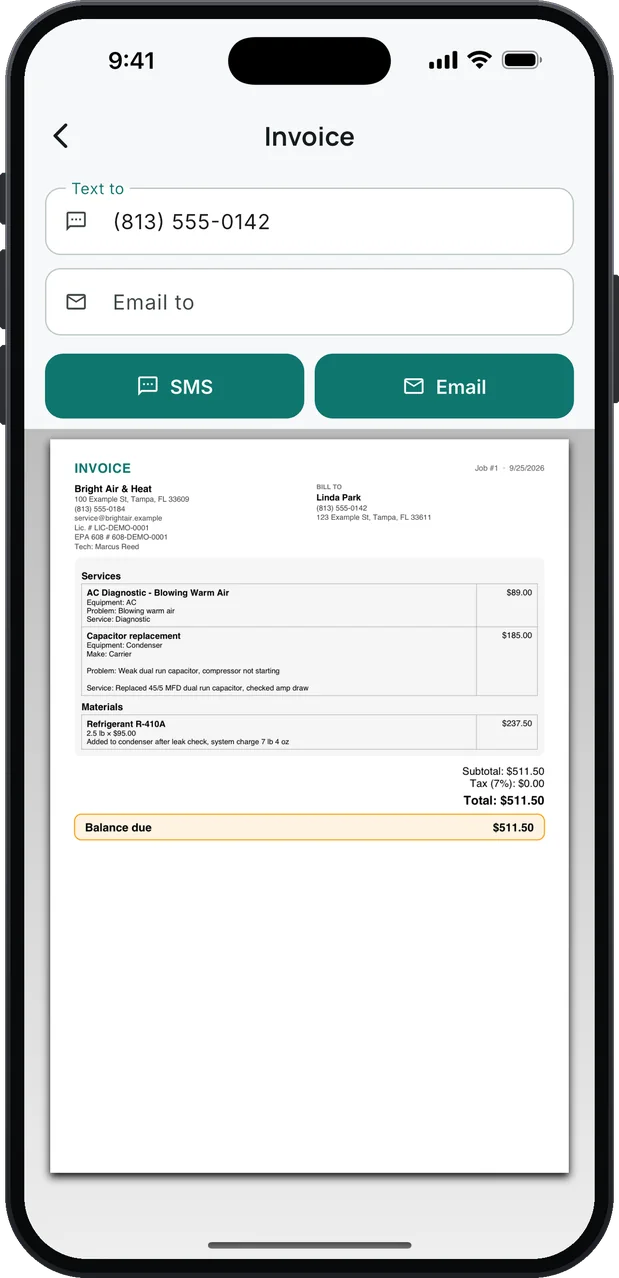 An invoice ready to send by SMS or email to (813) 555-0142, from Bright Air & Heat with Lic. # and EPA 608 # in the header, billed to Linda Park: AC Diagnostic - Blowing Warm Air $89.00, Capacitor replacement $185.00, and Refrigerant R-410A, 2.5 lb × $95.00, $237.50; total and balance due $511.50.
